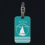 Nautical white sailboat silhouette/sail away/aqua luggage tag<br><div class="desc">Customize: Change background accent to any color:  Add lettering (boat name etc.): Add/move or remove images: Transfer to another product... ... For other Nautical and more Zazzle products designed by us,  go to the following Pinterest link:  https://www.pinterest.com/ruannayoder/</div>