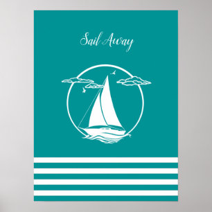 Nautical white sailboat silhouette/Sail away/aqua Poster