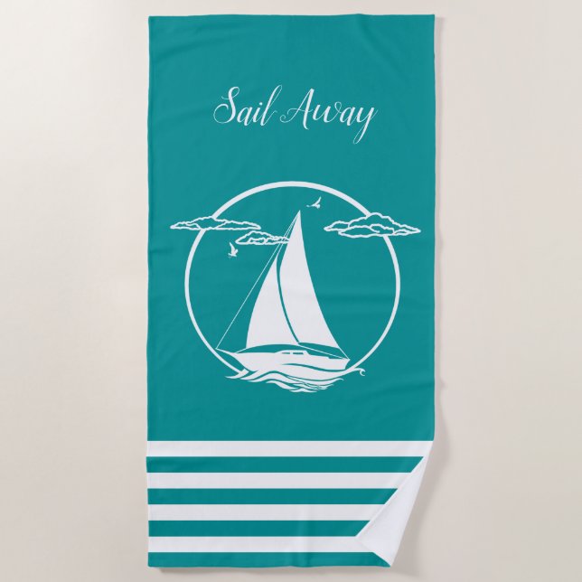 Nautical white sailboat silhouette/sail away beach towel (Front)