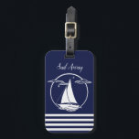 Nautical white sailboat silhouette/sail away luggage tag<br><div class="desc">Customize: Change background accent to any color:  Add lettering (boat name etc.): Add/move or remove images: Transfer to another product... ... For other Nautical and more Zazzle products designed by us,  go to the following Pinterest link:  https://www.pinterest.com/ruannayoder/</div>