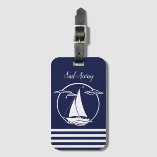 Nautical white sailboat silhouette/sail away luggage tag