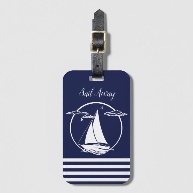 Nautical white sailboat silhouette/sail away luggage tag (Front Vertical)