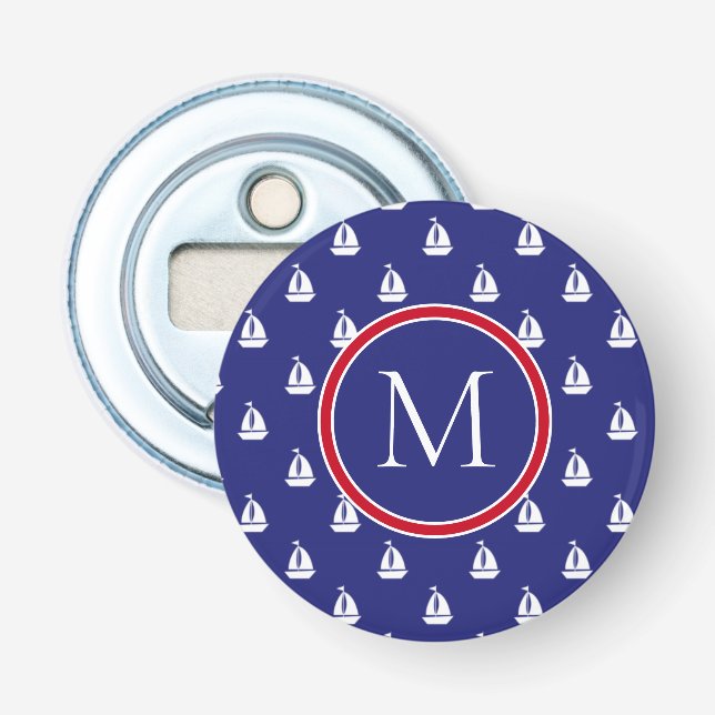 Nautical White Sailboats on Navy Blue Monogram Bottle Opener (Front)