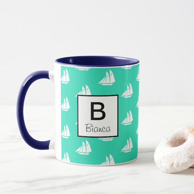 Nautical White Sailboats & Sea Green Personalized Mug (With Donut)