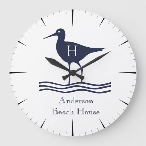 Nautical White Sandpipe Navy blue Coastal Monogram Large Clock
