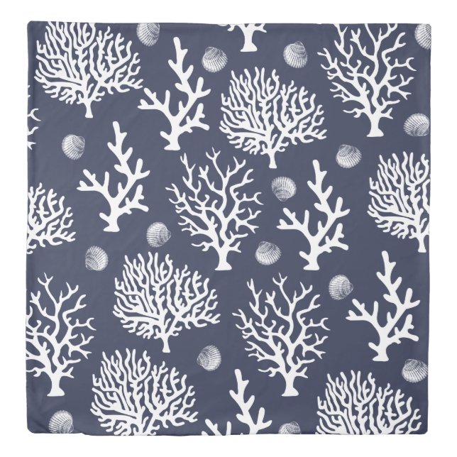 Nautical White Sea Coral & Navy Blue Duvet Cover (Front)
