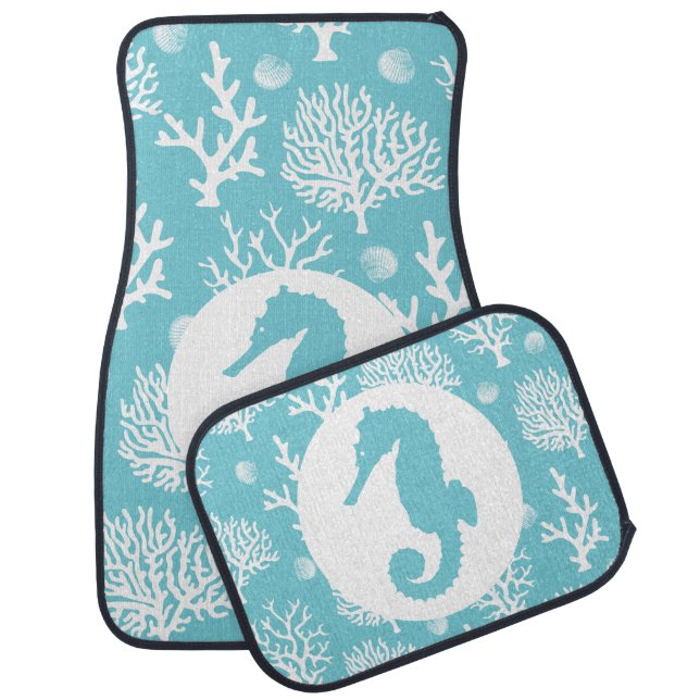 Nautical White Sea Corals & Seahorse Car Floor Mat (Set)