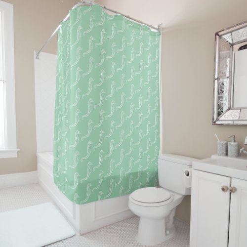 Nautical White Seahorse Skeleton Pattern Green Shower Curtain