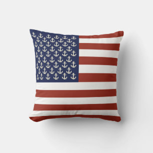 Nautical white ship anchor/American flag stripe Th Throw Pillow