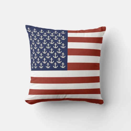 Nautical white ship anchorAmerican flag stripe Th Throw Pillow