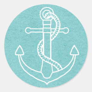 Nautical White Ship Anchor Blue Turquoise Vintage Classic Round Sticker