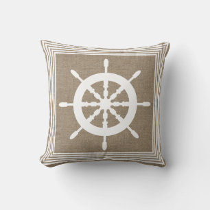 Nautical White Ship Helm & Faux Burlap Throw Pillow