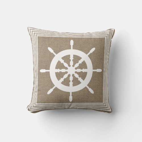 Nautical White Ship Helm  Faux Burlap Throw Pillow