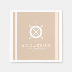 Nautical White Ship Helm & Taupe Napkins