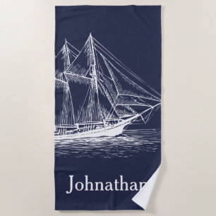 Nautical White Ship Schooner & Navy Blue with Name Beach Towel