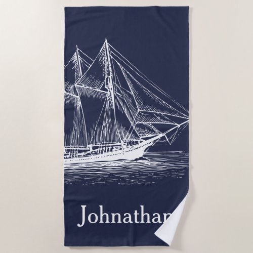 Nautical White Ship Schooner  Navy Blue with Name Beach Towel