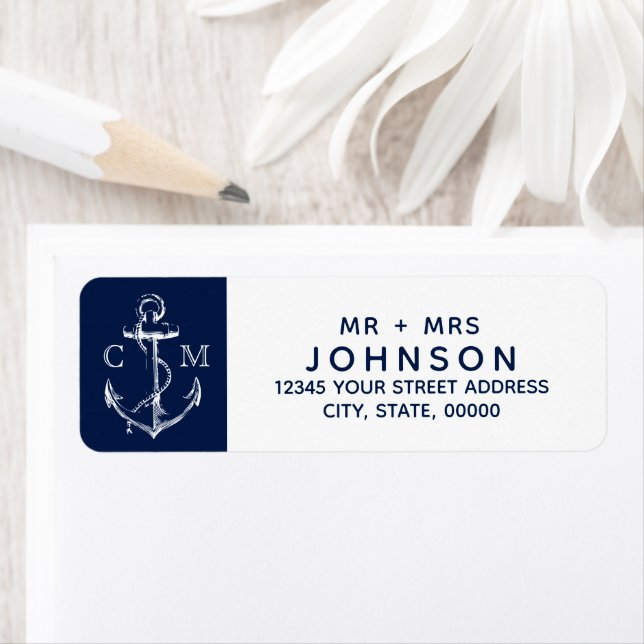 Nautical White Sketch Anchor Navy Monogram Label (Insitu)