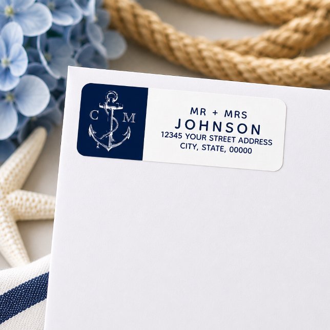 Nautical White Sketch Anchor Navy Monogram Label (Navy nautical sketch anchor address labels for the couple.
)