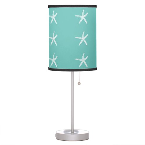 Nautical White Starfish Patterns Beach Teal Blue Table Lamp