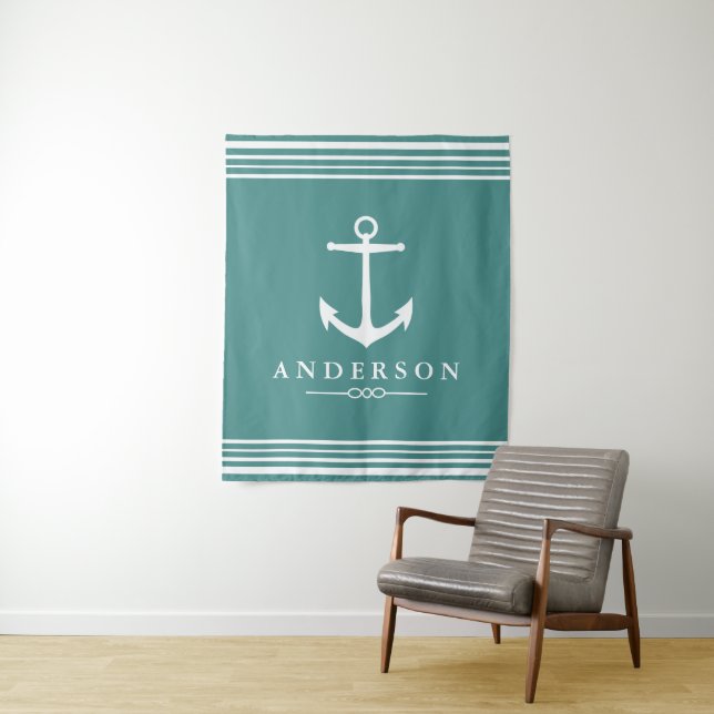 Nautical White Stripe & Anchor Teal | Personalized Tapestry (In Situ)