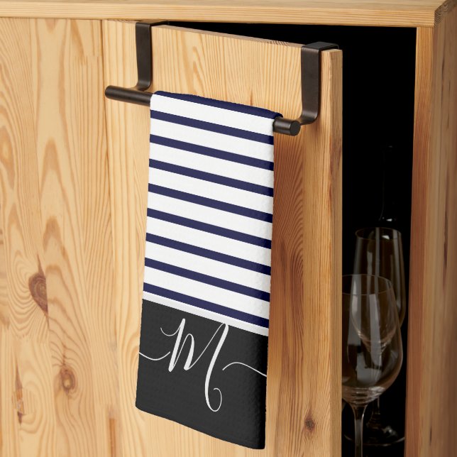 Nautical  white Striped Monogram initial  Kitchen  Towel (Thirds Fold)