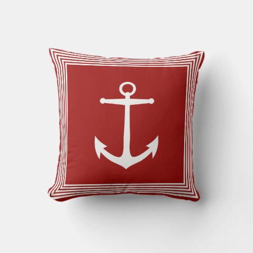 Nautical White Stripes Anchor  Coastal Red Throw Pillow