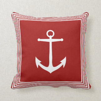 Nautical White Stripes Anchor & Coastal Red Throw Pillow