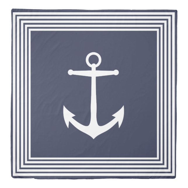 Nautical White Stripes Anchor & Navy Blue Duvet Cover (Front)