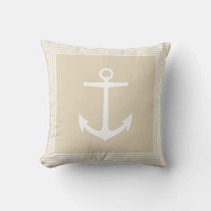 Nautical White Stripes Anchor & Sandy Taupe Throw Pillow