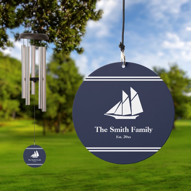 Nautical White Text and Sailboat on Midnight Blue Wind Chime (Outdoor)