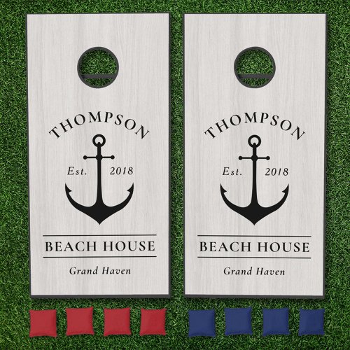 Nautical White Washed Anchor Beach House Name Cornhole Set