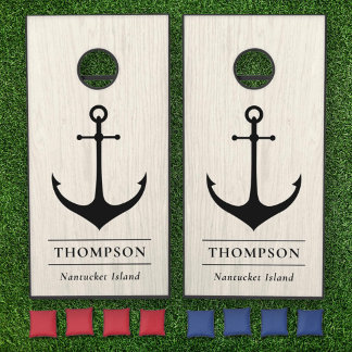 Nautical White Washed Anchor Custom Monogram Name Cornhole Set
