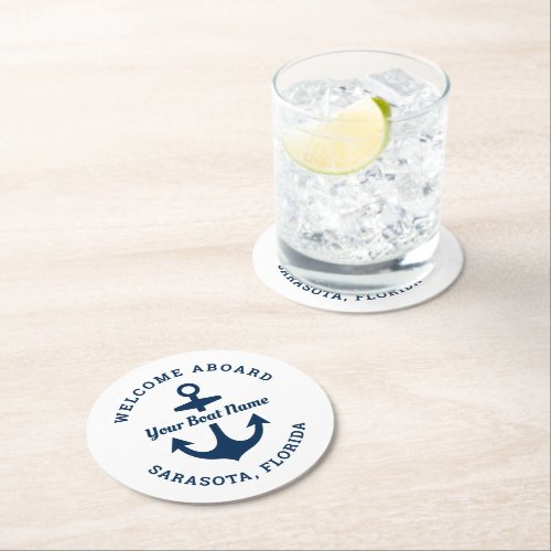 Nautical White Welcome Aboard Boat Name Anchor Round Paper Coaster