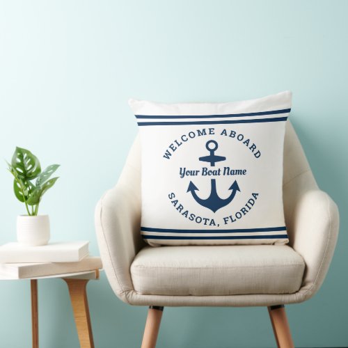 Nautical White Welcome Aboard Boat Name Anchor Throw Pillow
