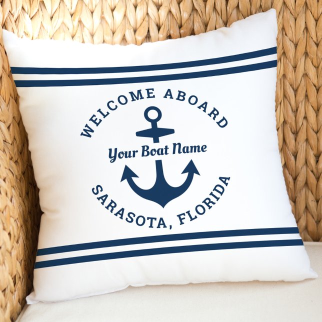 Nautical White Welcome Aboard Boat Name Throw Pillow (Creator Uploaded)