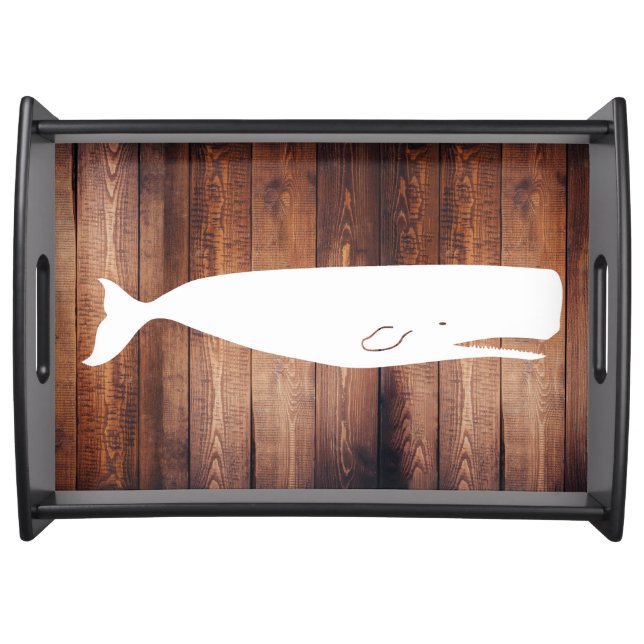 Nautical White Whale & Faux Dark Ship Wood Serving Tray (Front)