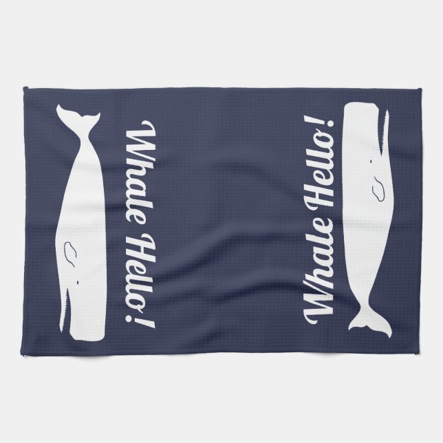 Nautical White Whale Hello in Navy Towel (Horizontal)