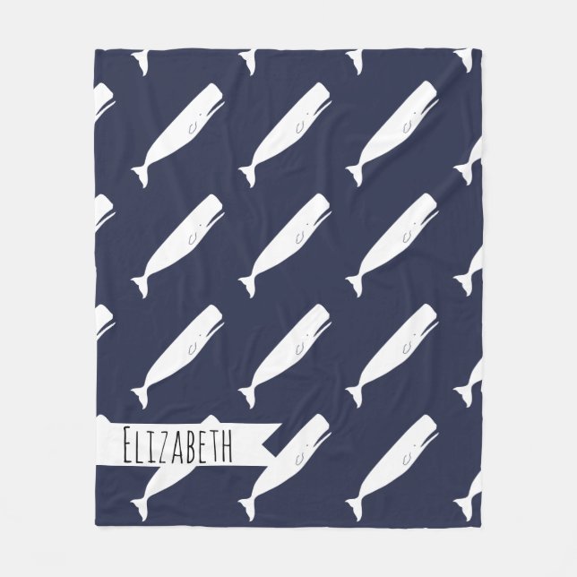 Nautical White Whales & Navy with Name Fleece Blanket (Front)