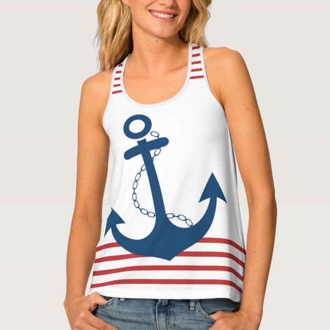 Nautical White with Red Stripes and Blue Anchor Tank Top (Front)
