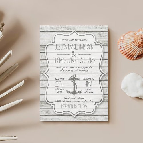 Nautical Whitewashed Wood Beach Wedding Collection Invitation