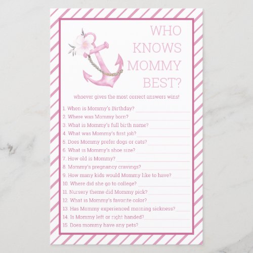 Nautical Who Knows Mommy Best Baby Shower Game 