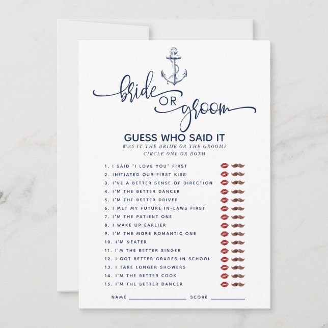 Nautical Who Said it Bridal Shower Games Invitation (Front)