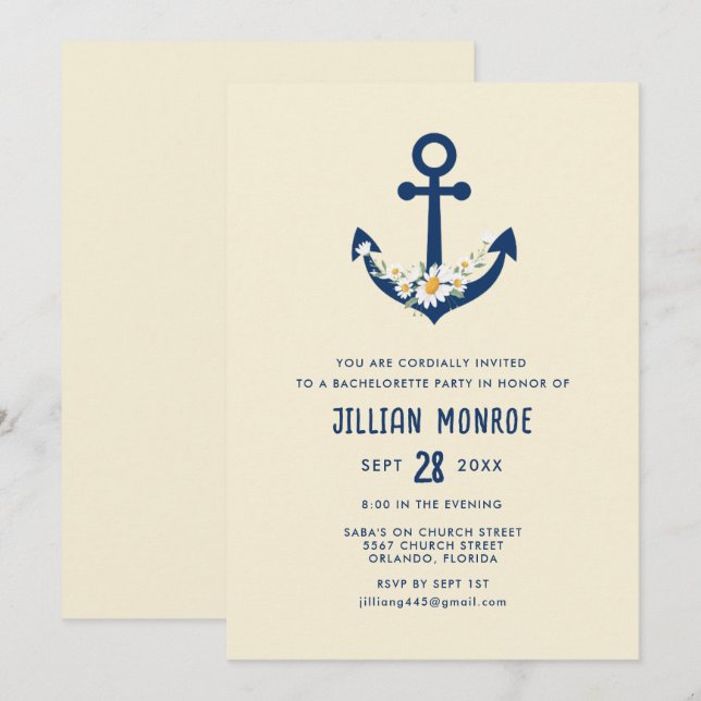 Nautical Wildflower Anchor Bachelorette Party Invitation (Front/Back)