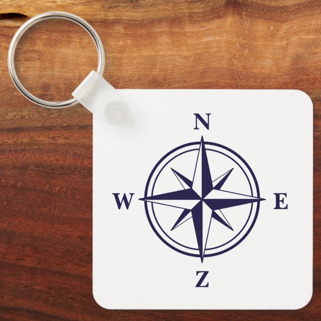 Nautical wind rose compass star navy blue custom keychain (Front)
