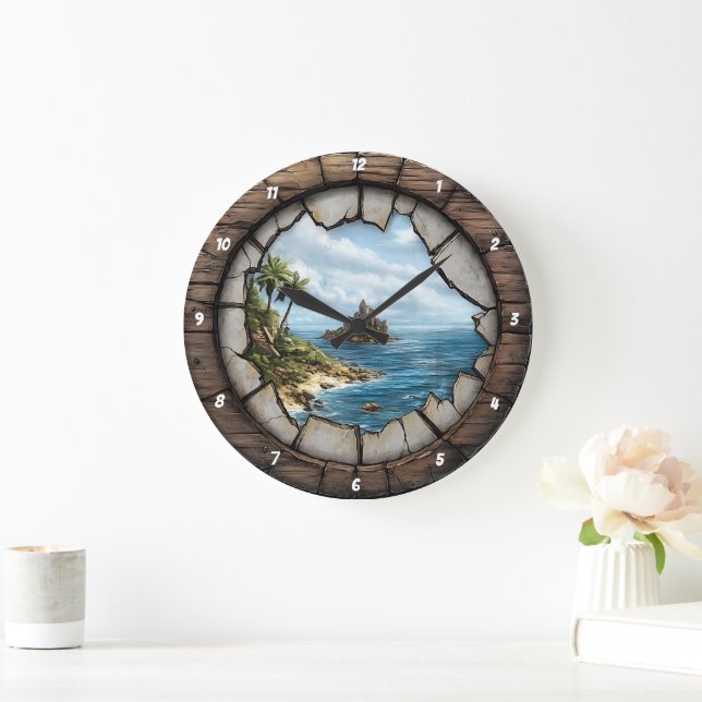 Nautical Window Island Escape Rustic Coastal Large Clock (Home)