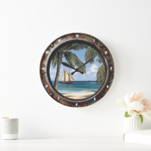 Nautical Window Rustic Tropical Sailboat Large Clock