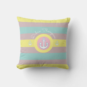 nautical with anchor, yellow, blue & pink striped throw pillow