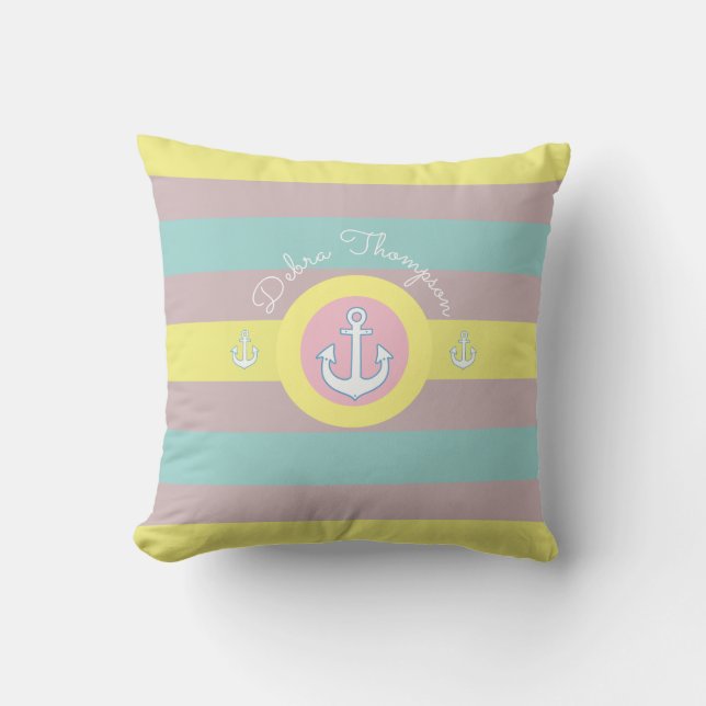 nautical with anchor, yellow, blue & pink striped throw pillow (Front)