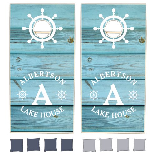 Nautical Wood Family Lake House Monogram Name Cornhole Set