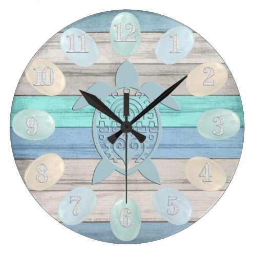 Nautical Wood Stripes, Sea Glass, Turtle Large Clock